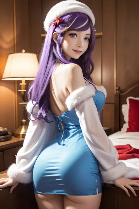 1girl,Anastasia Hoshin,  long hair ,(blue eyes:1.5), CABELLO MORADO, purple hair, CABELLO MORADO, swept bangs,cap, flirty smile , Dress 1 + Head Accessory 1 +Collar 1 +Sleeves 2 ,  Sexy Lingerie Christmas Costume Passion Night Hip-Hugging Club Seductive Sh...