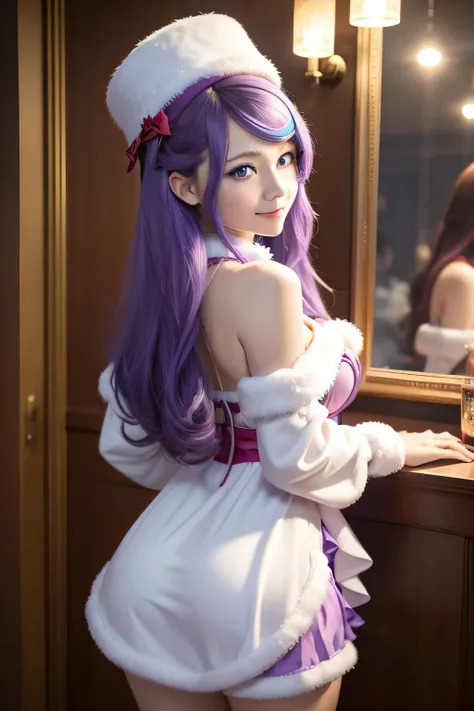 1girl,Anastasia Hoshin,  long hair ,(blue eyes:1.5), CABELLO MORADO, purple hair, CABELLO MORADO, swept bangs,cap, flirty smile , Dress 1 + Head Accessory 1 +Collar 1 +Sleeves 2 ,  Sexy Lingerie Christmas Costume Passion Night Hip-Hugging Club Seductive Sh...