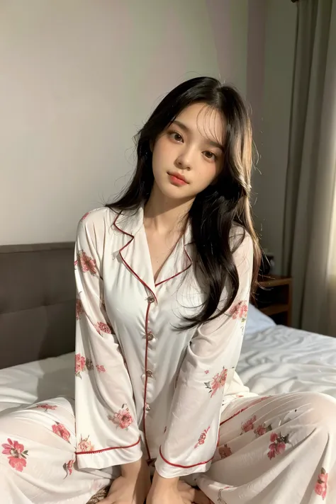 There is a woman sitting on a bed wearing white floral pajamas, a beautiful dark-haired woman, with attractive features, beautiful woman, posing in bed, posing in a room