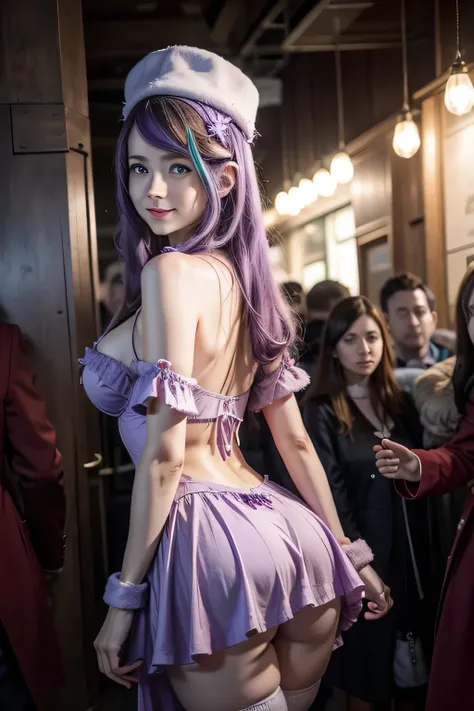 1girl,Anastasia Hoshin,  long hair ,(blue eyes:1.5), CABELLO MORADO, purple hair, CABELLO MORADO, swept bangs,cap, flirty smile , Dress 1 + Head Accessory 1 +Collar 1 +Sleeves 2 ,  Sexy Lingerie Christmas Costume Passion Night Hip-Hugging Club Seductive Sh...
