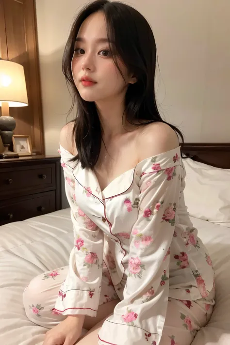 there is a woman sitting on a bed wearing white floral pajamas, a beautiful dark-haired woman, with attractive features, beautif...