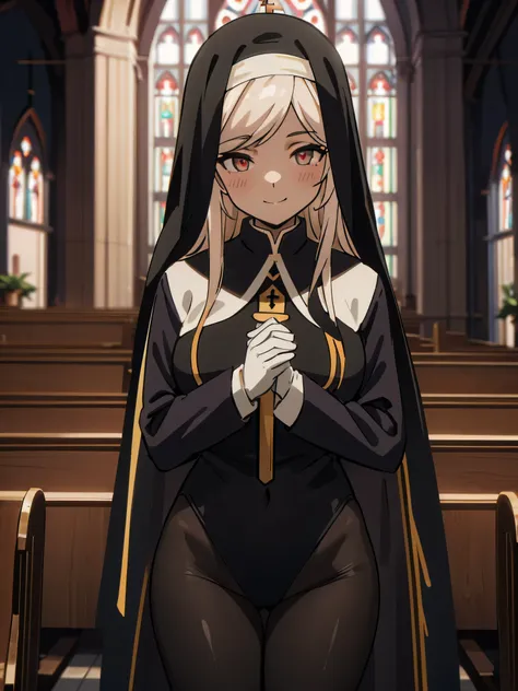 1girl, masterpiece, blush, smile, looking at viewer, black leotard nun, indoor, church, black pantyhose, black long glove, black...