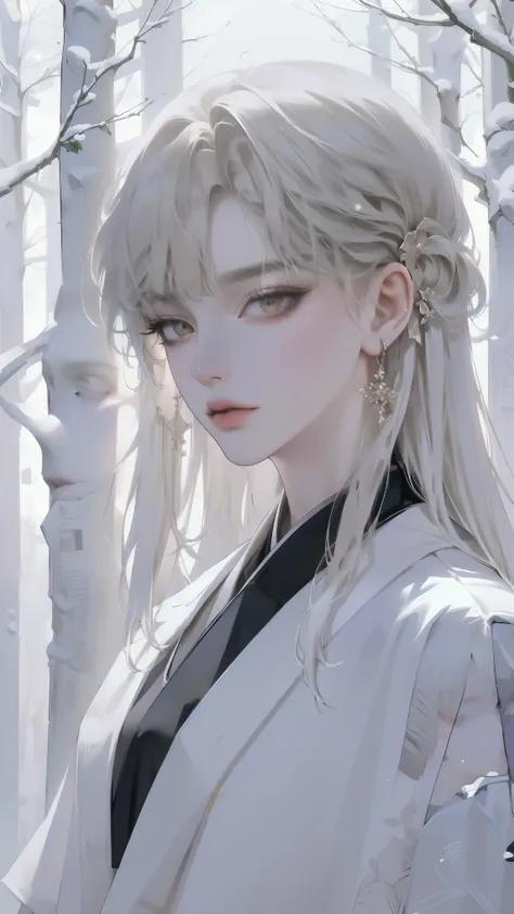 ((detailed character, professional image manwha , complementary colors, unsaturated , perfectly detailed image , symmetry, proportional)) androgynous white-haired character, golden eyes, Haori with Calico , snowy forest environment