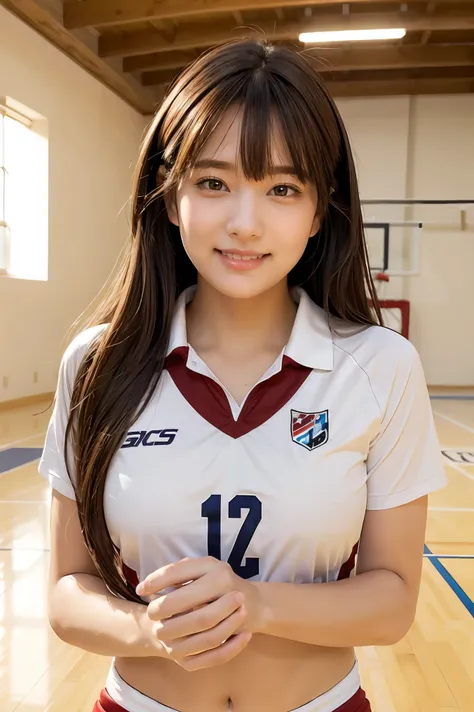 1lady solo, /(volleyball uniform/), /(dark brown hair/) bangs, blush light smile, (masterpiece best quality:1.2) delicate illust...