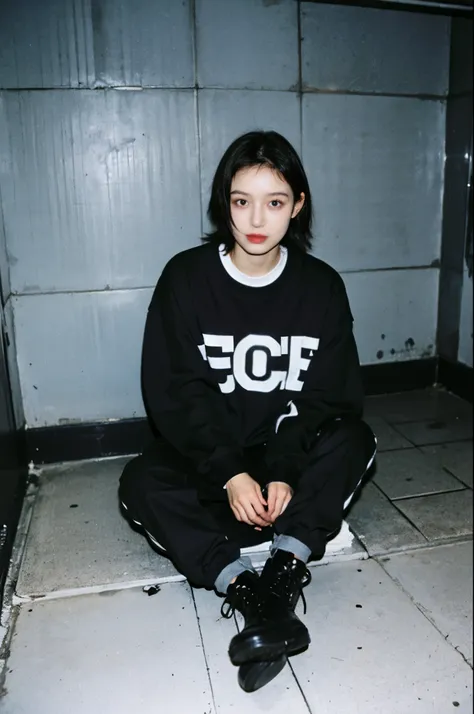 arafed woman sitting on the floor with a magazine and a pair of black boots, wearing cyberpunk streetwear, japanese streetwear, ...