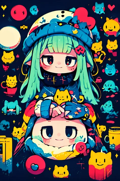 a smiling cute monster girl, adorable monster girl, winter holiday, cute monster, spooky cute monster, whimsical monster, monstrous creature, monster girl with large eyes, monster girl with colorful hair, monster girl in a playful pose, monster girl with a...