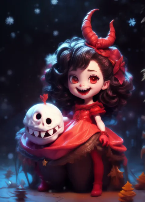 cute smiling monster girl, adorable devil girl, winter holiday, cute devil, cute and spooky devil, whimsical devil, devil creatu...