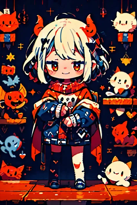 cute smiling monster girl, adorable devil girl, winter holiday, cute devil, cute and spooky devil, whimsical devil, devil creatu...