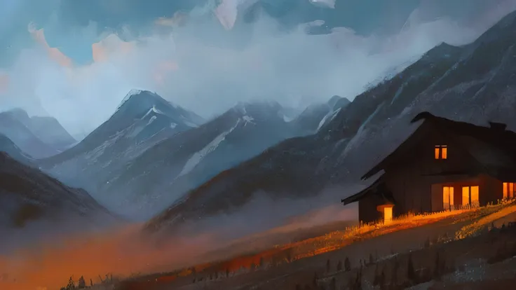 impressionist painting style , dark environment, heavy fog , house in the mountains