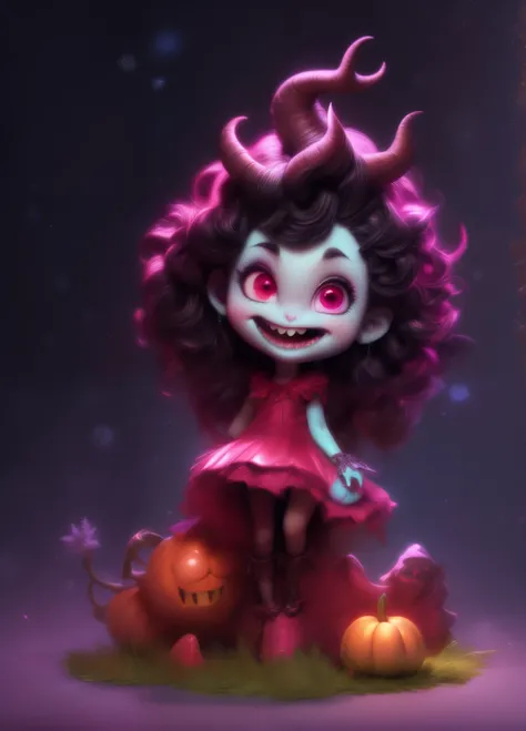 cute smiling monster girl, adorable devil girl, winter holiday, cute devil, cute and spooky devil, whimsical devil, devil creature, devil girl with big eyes, devil girl with colorful hair, monster girl in a playful pose, devil girl with a friendly expressi...