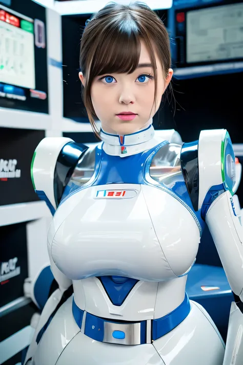 masterpiece, best quality, extremely detailed, Japanese android girl,Plump ,control panels,robot arms,robot,android,cyborg,white robot body,ceramic body,perfect robotgirl,blunt bangs,sumo wrestler,blue eyes