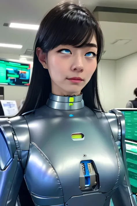 masterpiece, best quality, extremely detailed, Japaese android girl,Plump , control panels,android,Droid,Mechanical Hand, Robot arms and legs, Black Robot Parts,Black hair,Mechanical body,Blunt bangs,White robotics parts,perfect robot girl,future informat...