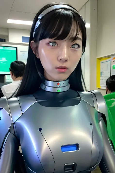 masterpiece, best quality, extremely detailed, Japaese android girl,Plump , control panels,android,Droid,Mechanical Hand, Robot arms and legs, Black Robot Parts,Black hair,Mechanical body,Blunt bangs,White robotics parts,perfect robot girl,future informat...