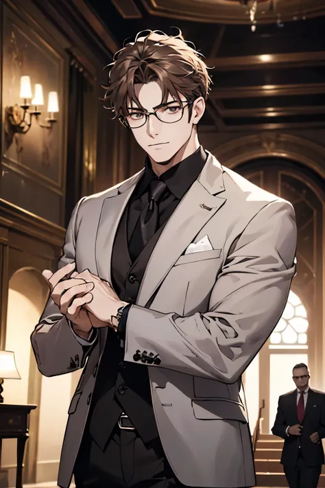 A handsome man in a gray brown suit, A bodyguard in dark clothes, Two people climbed the stairs of the villa to the living room, Perfect face, perfect hands, (best qualityer, 4K, 8k, high resolution, work of art:1.2), ultra detali, (realisitic, photorealis...
