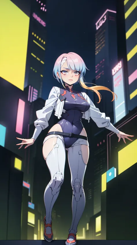 Lucia (cyberpunk), 1 , body, open white jacket, aboveper body,  looking at the viewer , Alone, Neon light, night, cyberpunk city background, Scoring_9, Scoring_8_above, Scoring_7_above, Scoring_6_above, source_anime  