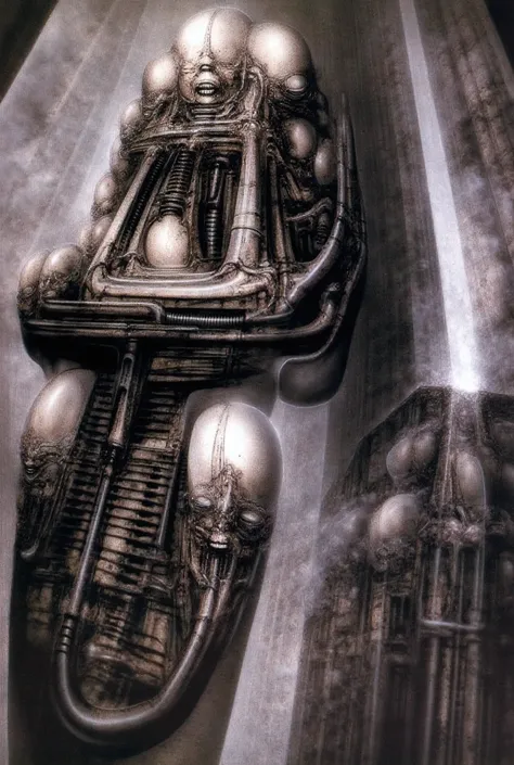 H. R. Gigers g1g3r, , Giger_style, The image is a detailed view of H.R. Gigers "Carmen I " plate, featuring ( Circus on exile left abandoned clowns behind. Tableau is a surrealistic representation of a mechanical city with intricate designs and patterns....