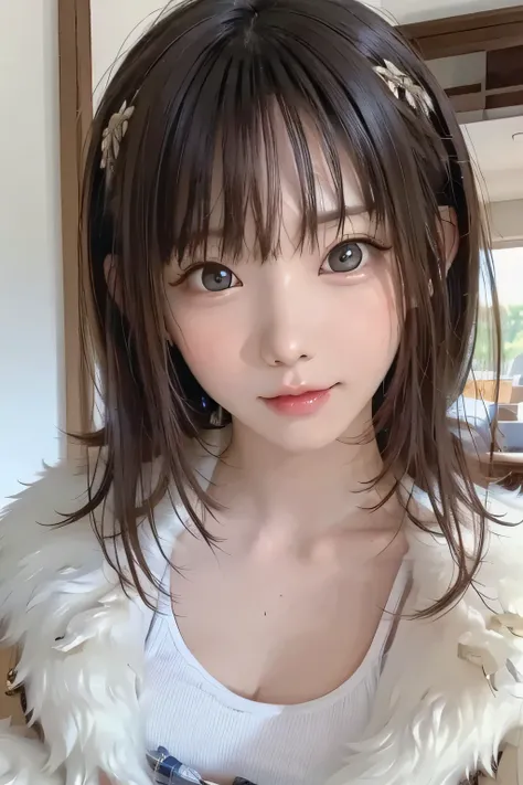 (masterpiece、Best Quality、 Super detailed description、 ultra high resolution)、(portrait)、 girl、solo、((small chest))、cute、 idol face、Half Smile、 check shirt、 fur coats