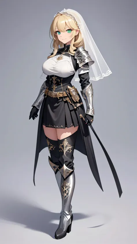 masterpiece, best quality, (( no background)),(((pure white short veil))),((black holy knight armor with rich silver decorations...