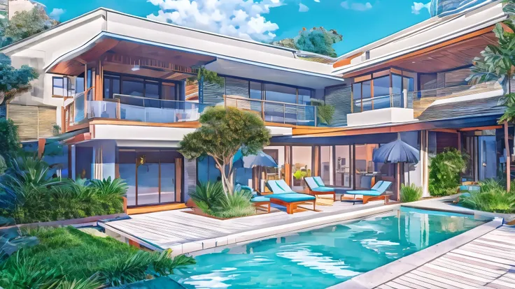 anime style　 outdoor pool　 poolside　 no one　floor