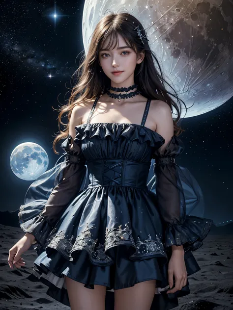 (photo realistic), (masterpiece), best quality, CG, wallpaper, high quality, extremely detailed, 
(Intricate details), (Subtle details), (Intricate details), 

((Girl standing on the moon)),

(Blue Earth floating in space),
midnight, night sky, ((starry sk...