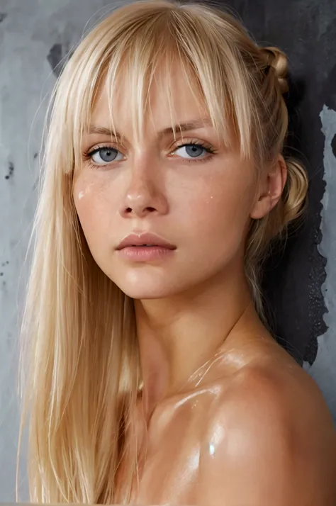 the most beautiful woman in the world, woman is completely naked, she is a top model. she has straight blonde hair and  bangs, (...