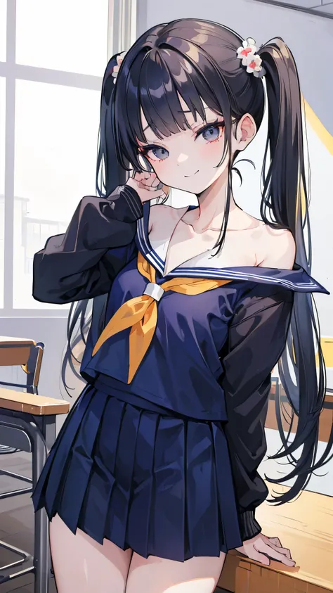 ((masterpiece、Best Quality、 very detailed))、 one girl playing pranks、Black Hair、 long hair 、twintails、blunt bangs、Grey Eyes、evil smile、 small breasts、(( sailor suit))、((clavicle))、 Off Shoulder、(( navy blue pleated skirt))、 cowboy shot、 Classroom Backgroun...