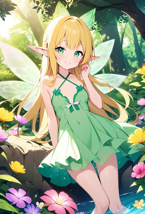 masterpiece、One 、 very cute、 very small breasts 、Slender body、Thin legs、Deep green eyes 、Bright yellow long hair、Elf Ears、 Fairy Wings、Lush forest、 colorful flowers floating by the water、 Innocent smiling girl 、Fairy Dress、