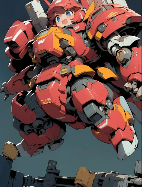 (((1 chibi girl in large red-colored robot costume, from below))), ssmile, (holding weapons), (chibi), (bulky:1.8), (((helmet:1.5))), large cute face, (((looking down:1.5))), mechanical parts, ((mechanical wings)), (full armor:1.8), (mecha armor:1.8), (shoulder guards:1.2),(huger arms), ((mechanical arms:1.5)), (short legs), (huger body:1.8), (heavy equipment:1.6), (from below), (headgear), blue sky, white clouds, robot joints, becoming a mecha, mecha, (RARS), (HRS), ROBOTANIMESTYLE, BJ_Cute_Mech,cute, girl BREAK ((masterpiece)), vibrant colors, 8k, best quality, ultra detailed illustration, ((best quality)), ((high resolution)), flawless skin textures, shiny oiled skin, extremely detailed anime eyes , extreme light and shadow