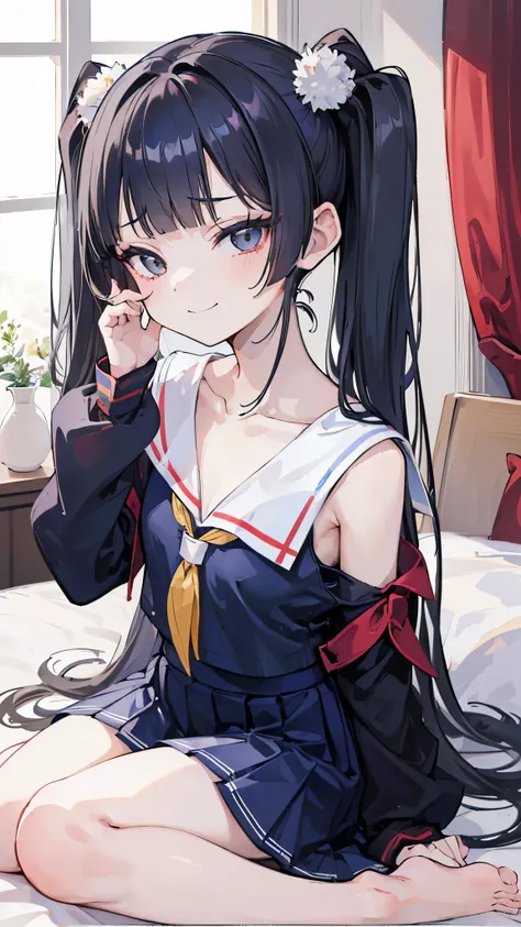 ((masterpiece、Best Quality、 very detailed))、 one girl playing pranks、Black Hair、 long hair 、twintails、blunt bangs、Grey Eyes、evil smile、 small breasts、(( sailor suit))、((clavicle))、 Off Shoulder、(( navy blue pleated skirt))、barefoot、((wariza))、((Sit flat))、...