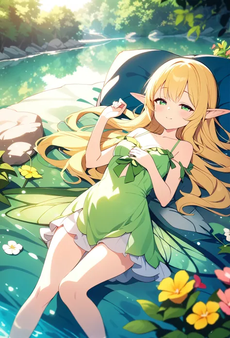 masterpiece、One 、 very cute、 very small breasts 、Slender body、Thin legs、Deep green eyes 、Bright yellow long hair、Elf Ears、 Fairy Wings、Lush forest、 colorful flowers floating by the water、 Innocent smiling girl 、Fairy Dress、Lie on your back、Asleep、...