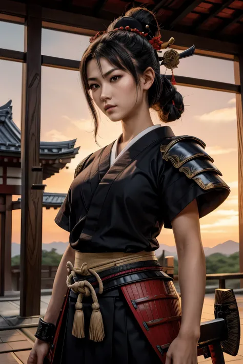 "Create a high-quality T-shirt design featuring a 15th-century Japanese samurai, inspired by the expert works of Katsushika Hokusai and Utagawa Kuniyoshi. The samurai should be highlighted against a black glossy gradient flat background, donning black armo...