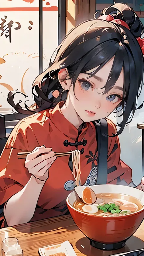 A beautiful Japanese woman eating ramen, cute hair accessories, highly detailed facial features, intricate hairstyle, detailed clothing, steam rising from the ramen bowl, natural lighting, photorealistic, 8k, masterpiece, small freckles, mole under left ey...