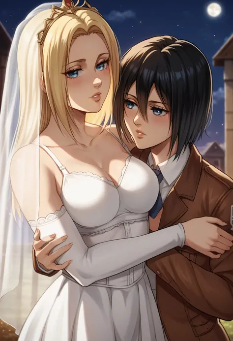 score_9, score_8_up, score_7_up, BREAK source_anime, historia reiss, blue eyes, blonde hair, long hair, medium breasts,Historia  beautiful wedding dress white,female black hair soldier with historia,Mikasa with historia are married ,mikasa wreanig black sp...