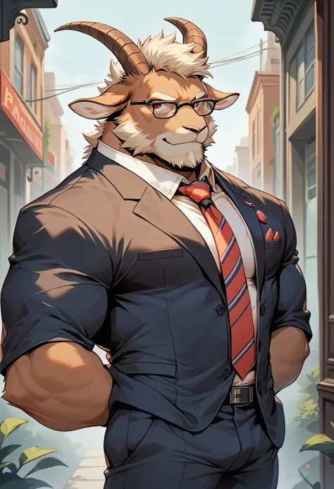 Cartoon style, 2d, Furry dark brown goat, goat horn, goat ear, goat tail, White quiff, Facial hair, Beard with mustache, White beard, White mustache, Thick white eyebrows, Scarlet red eyes, Scar on nose bridge, Fat muscular man, Fat, Muscular, Dad bod, Sin...