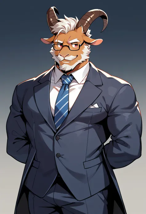 Cartoon style, 2d, Furry dark brown goat, goat horn, goat ear, goat tail, White quiff, Facial hair, Beard with mustache, White beard, White mustache, Thick white eyebrows, Scarlet red eyes, Scar on nose bridge, Fat muscular man, Fat, Muscular, Dad bod, Sin...