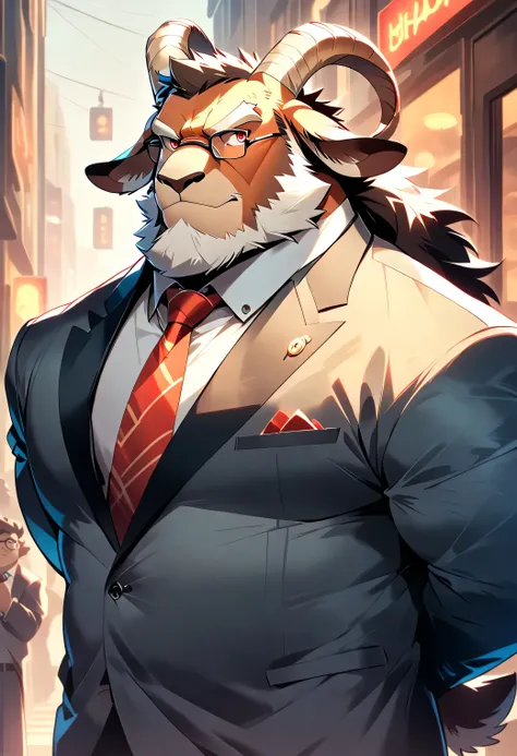 Cartoon style, 2d, Furry dark brown goat, goat horn, goat ear, goat tail, White quiff, Facial hair, Beard with mustache, White beard, White mustache, Thick white eyebrows, Scarlet red eyes, Scar on nose bridge, Fat muscular man, Fat, Muscular, Dad bod, Sin...