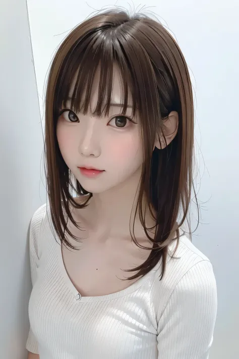 (masterpiece、Best Quality、 Super detailed description、 ultra high resolution)、( Portrait Shooting :1.3)、 girl、solo、((small chest))、cute、 idol face、 simple white background、Stand with your back against a wall、front view