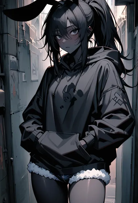 solo, male:1.1, femboy, pitch black skin, long hair, ponytail, black hair, black eyes, oversized hoodie, fur rimmed denim shorts, close up, black rabbit ears, shapely thighs, crotch bulge, alley, fluffy black rabbit tail:0.9, cowboy shot, tall,