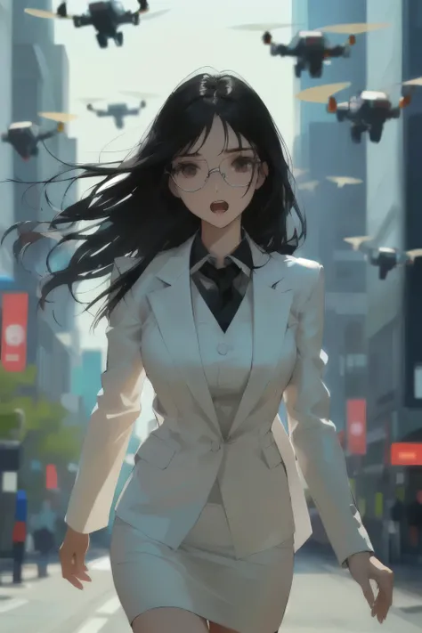 (highest quality:1.2), a young girl with eye-glass is walking quickly in the city,long black hair and wearing white business suit and tight skirt, wearing eye-glass, wearing black tie, front view, European face, cute face, detailed beautiful face, scared f...