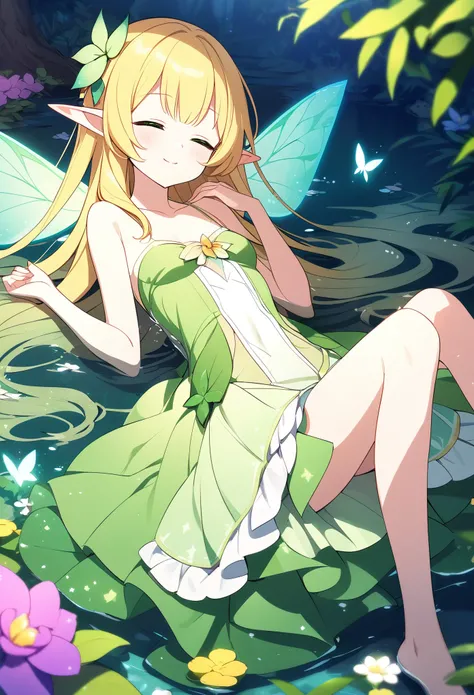 masterpiece、One 、 very cute、 very small breasts 、Slender body、Thin legs、Deep green eyes 、Bright yellow long hair、Elf Ears、 Fairy Wings、Lush forest、 colorful flowers floating by the water、 Innocent smiling girl 、Fairy Dress、Lie on your back、Asleep、...