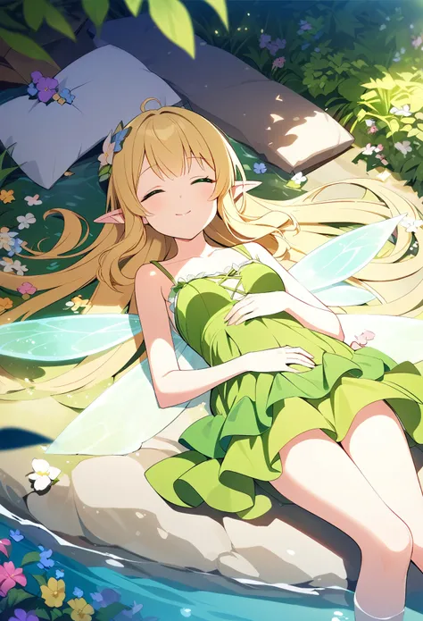 masterpiece、One 、 very cute、 very small breasts 、Slender body、Thin legs、Deep green eyes 、Bright yellow long hair、Elf Ears、 Fairy Wings、Lush forest、 colorful flowers floating by the water、 Innocent smiling girl 、Fairy Dress、Lie on your back、Asleep、...