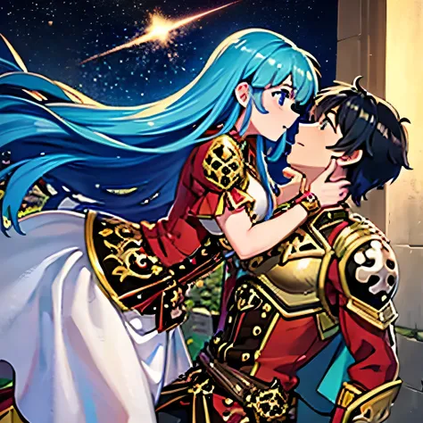 Eirika from Fire emblem the sacred stones blue eyes and light blue hair, red blouse with gold plates on her body, pink panties, a gold bracelet and white skirt affectionately kissing a boy with short black hair on the lips, ojos marrones, lentes, red jacke...