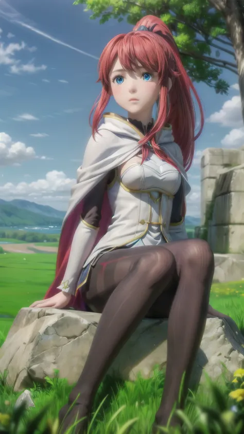 1girl, red hair, blue eyes, white cape, sword, ponytail, blue sky, sitting on stone, stunning scenery, meadow valley, flowers, ((black pantyhose)), ((detailed)), sharp, realistic, ultra quality, wallpaper, (under tree), clouds, river, falling pedals