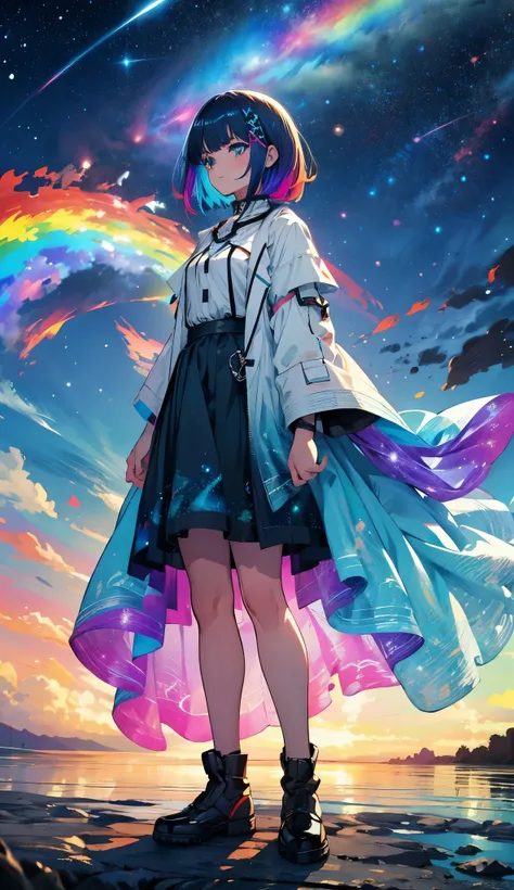 a girl with rainbow colored hair and detailed teal dress armor, standing, rainbow colored cosmic nebula background, stars, galax...