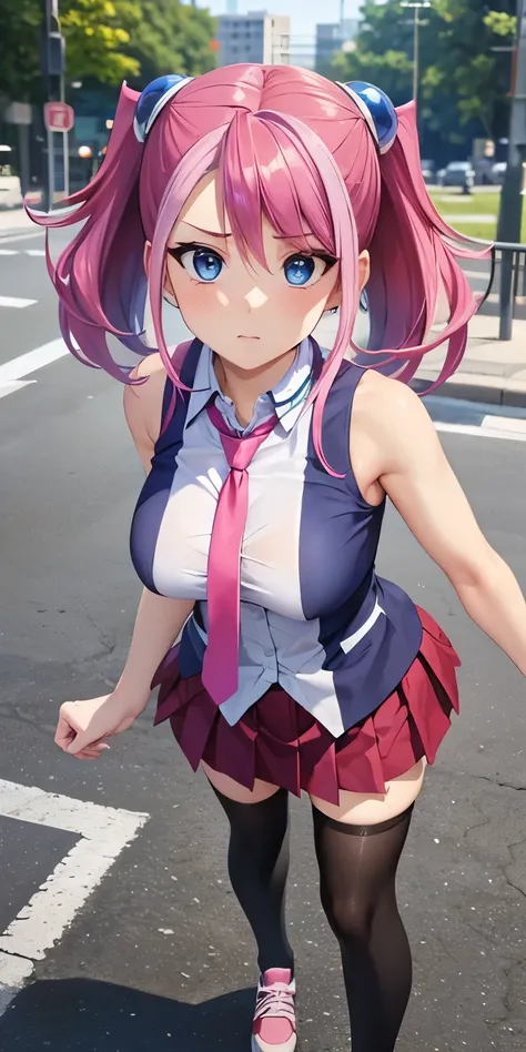 1 Female,High definition,high resolution,Ultra-realistic,8K, hy1, hair ornament, multicolored hair, blue eyes, necktie, skirt, tight skirt,miniskirt,sleeveless ,pink shoes,black thighhighs, medium breasts,European,sexy,Upper body close-up,Photographed from...