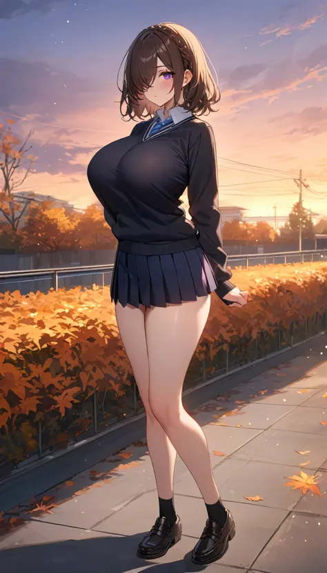 (masterpiece, Highest quality:1.2), (1girl), alone,((medium hair)), ((dark brown hair)), (straight hair), ((hair over face)), (hair over one eye),(hair over right eye), crown braid, (school uniform), black cardigan, black pleated mini skirt, bare legs, (pu...