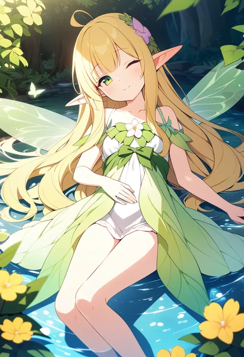 masterpiece、One 、 very cute、 very small breasts 、Slender body、Thin legs、Deep green eyes 、Bright yellow long hair、Elf Ears、 Fairy Wings、Lush forest、 colorful flowers floating by the water、 Innocent smiling girl 、Fairy Dress、Lie on your back、Asleep、...