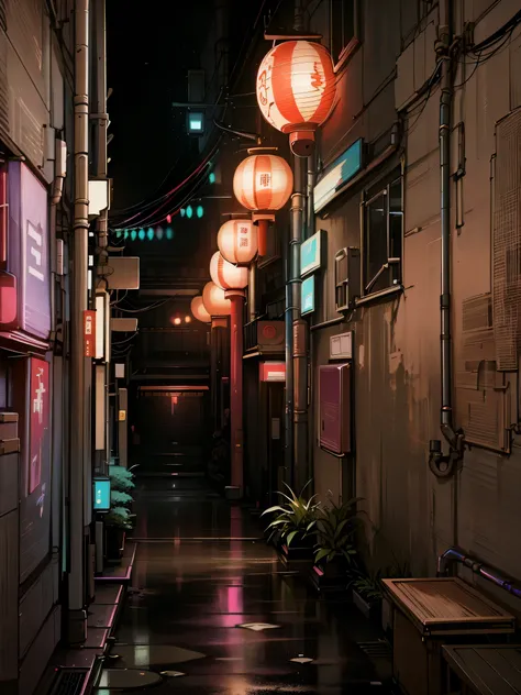 there are three red lanterns hanging from the ceiling of a narrow alley, quiet tokyo alley at night, street lanterns glow, street lanterns are shining, in a japanese town at night, street lanterns, evening lanterns, tokyo alleyway, japanese street, in narr...