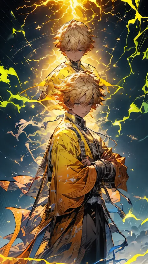 Zenitsu Agatsuma, a character from the Demon Slayer series, poised to draw his katana, a look of intense concentration in his eyes, gazing forward with nervous anticipation, slightly leaning forward, dressed in vibrant electric yellow attire, the atmospher...