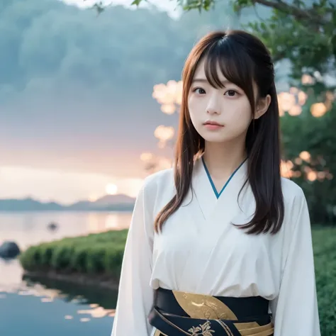 a beautiful japanese girl standing on the water , misty reflection,   a giant phoenix divine bird floating in the sky  , magic, ...